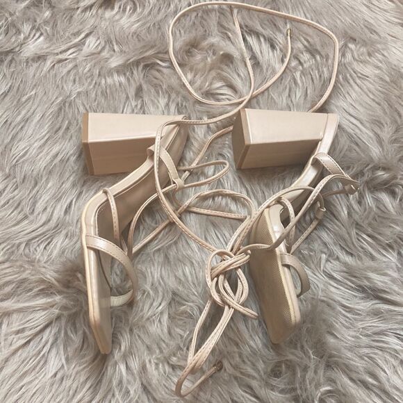 Lhamo Latso Lace Up Strappy Nude Block High Heels Square Open Toe Chunky Sandal - Picture 4 of 13